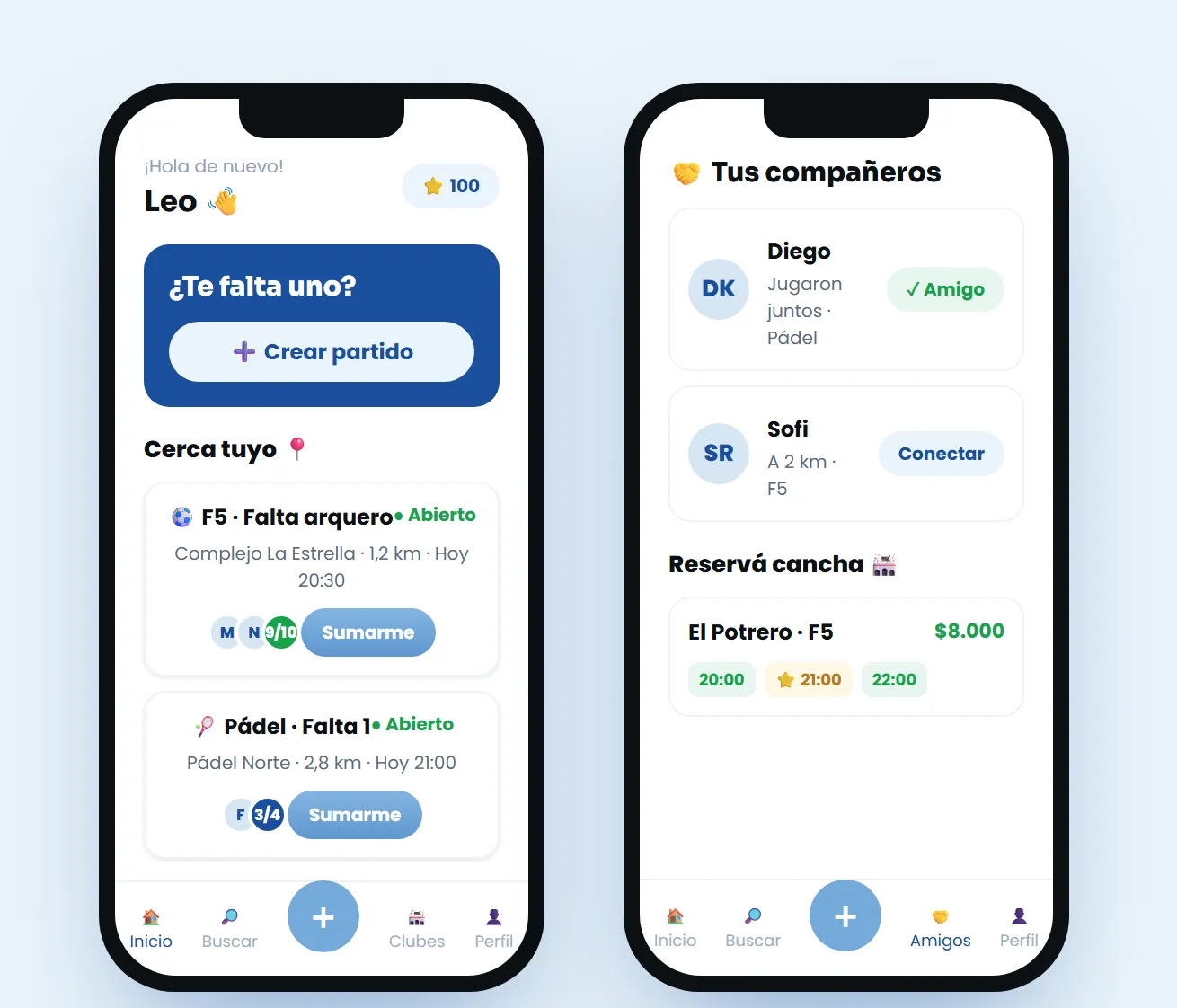 App de MeFalta1: pantalla de inicio con partidos cerca y pantalla de compañeros y reservas